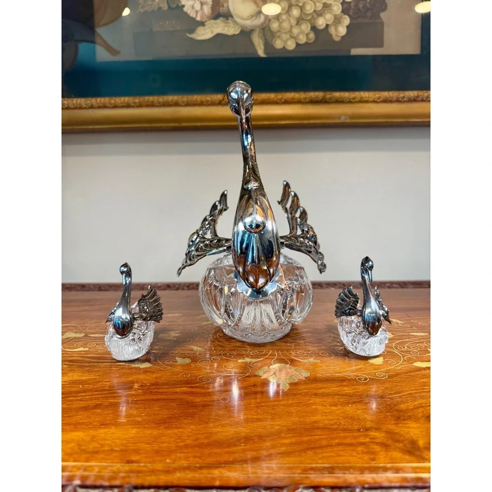 Vintage 3-Piece Crystal Swan Set Centerpiece Bowl with 2 Salt Cellars